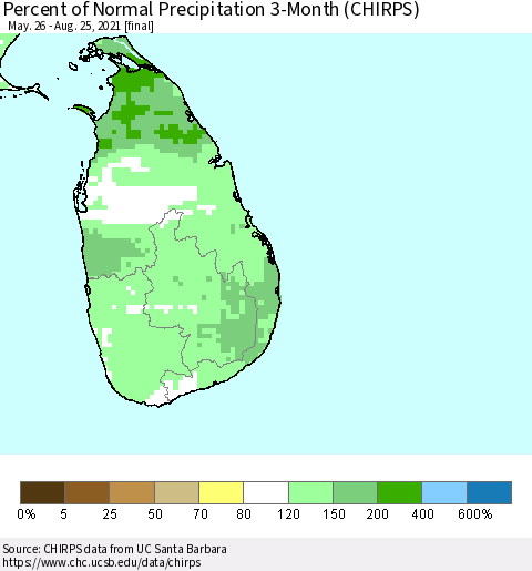 Sri Lanka Percent of Normal Precipitation 3-Month (CHIRPS) Thematic Map For 5/26/2021 - 8/25/2021