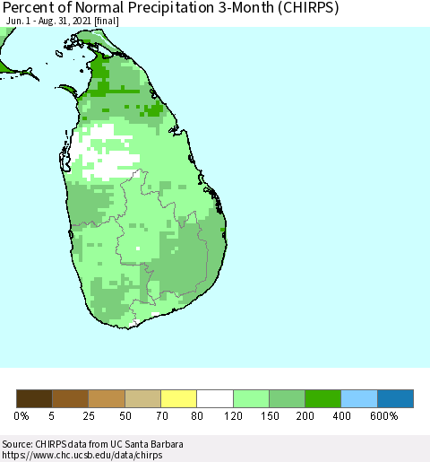 Sri Lanka Percent of Normal Precipitation 3-Month (CHIRPS) Thematic Map For 6/1/2021 - 8/31/2021