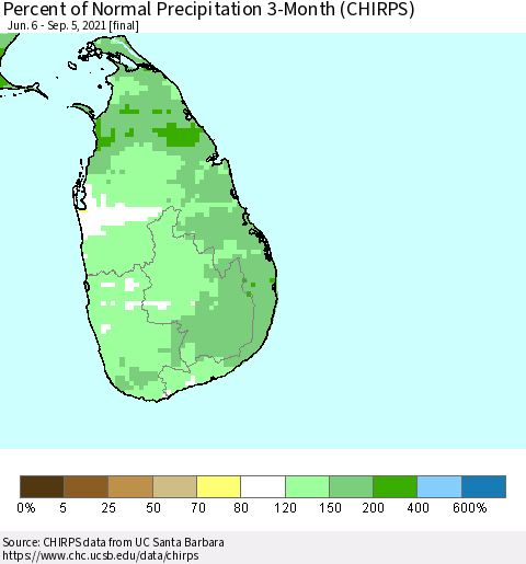 Sri Lanka Percent of Normal Precipitation 3-Month (CHIRPS) Thematic Map For 6/6/2021 - 9/5/2021