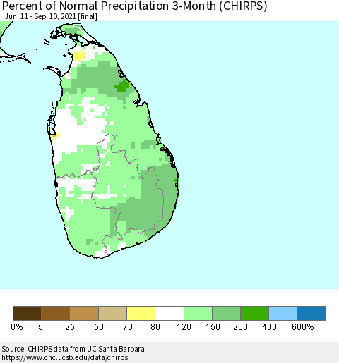 Sri Lanka Percent of Normal Precipitation 3-Month (CHIRPS) Thematic Map For 6/11/2021 - 9/10/2021