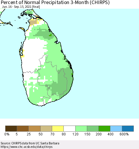 Sri Lanka Percent of Normal Precipitation 3-Month (CHIRPS) Thematic Map For 6/16/2021 - 9/15/2021