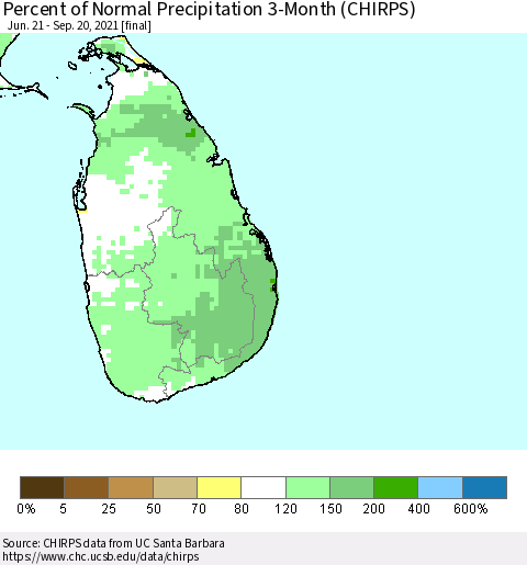 Sri Lanka Percent of Normal Precipitation 3-Month (CHIRPS) Thematic Map For 6/21/2021 - 9/20/2021