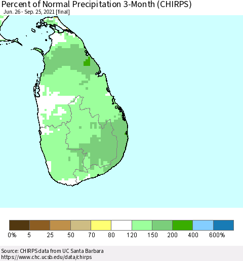 Sri Lanka Percent of Normal Precipitation 3-Month (CHIRPS) Thematic Map For 6/26/2021 - 9/25/2021