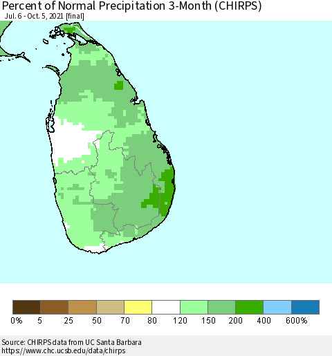 Sri Lanka Percent of Normal Precipitation 3-Month (CHIRPS) Thematic Map For 7/6/2021 - 10/5/2021