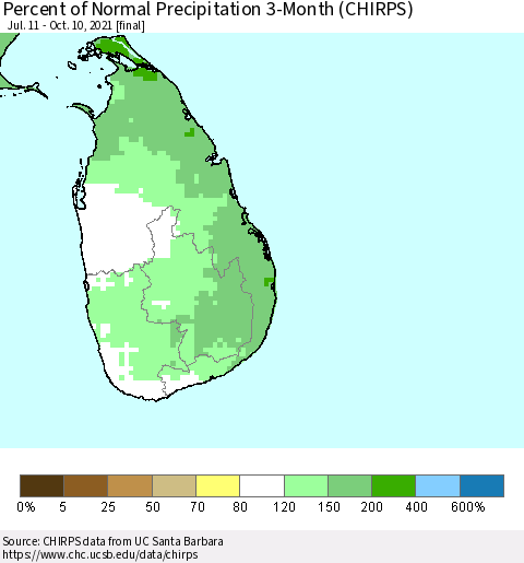 Sri Lanka Percent of Normal Precipitation 3-Month (CHIRPS) Thematic Map For 7/11/2021 - 10/10/2021