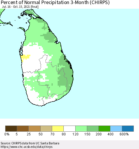 Sri Lanka Percent of Normal Precipitation 3-Month (CHIRPS) Thematic Map For 7/16/2021 - 10/15/2021