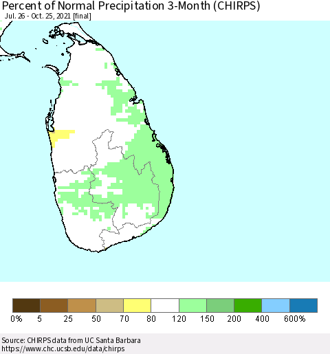 Sri Lanka Percent of Normal Precipitation 3-Month (CHIRPS) Thematic Map For 7/26/2021 - 10/25/2021
