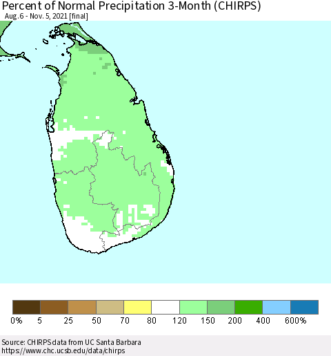 Sri Lanka Percent of Normal Precipitation 3-Month (CHIRPS) Thematic Map For 8/6/2021 - 11/5/2021