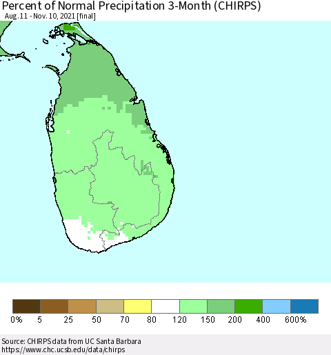 Sri Lanka Percent of Normal Precipitation 3-Month (CHIRPS) Thematic Map For 8/11/2021 - 11/10/2021