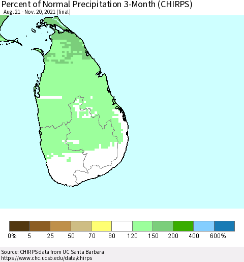 Sri Lanka Percent of Normal Precipitation 3-Month (CHIRPS) Thematic Map For 8/21/2021 - 11/20/2021