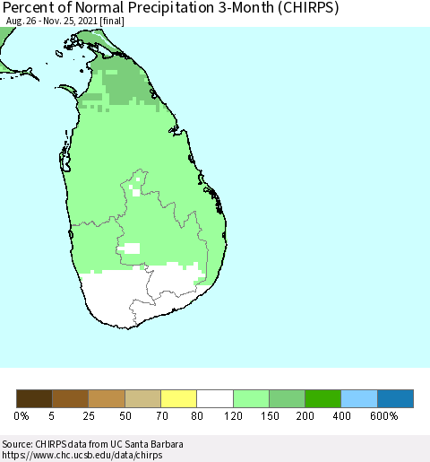 Sri Lanka Percent of Normal Precipitation 3-Month (CHIRPS) Thematic Map For 8/26/2021 - 11/25/2021