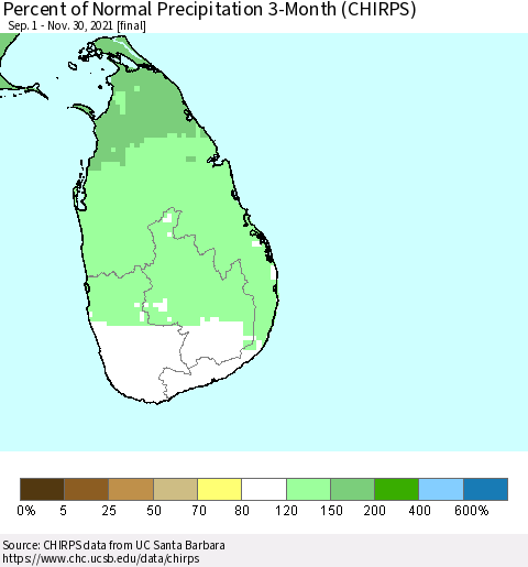 Sri Lanka Percent of Normal Precipitation 3-Month (CHIRPS) Thematic Map For 9/1/2021 - 11/30/2021