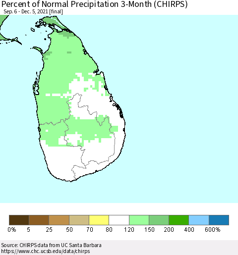 Sri Lanka Percent of Normal Precipitation 3-Month (CHIRPS) Thematic Map For 9/6/2021 - 12/5/2021