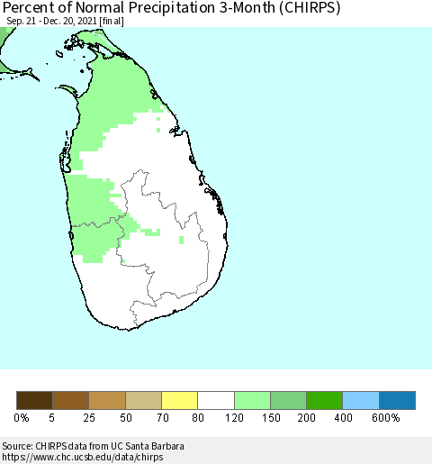 Sri Lanka Percent of Normal Precipitation 3-Month (CHIRPS) Thematic Map For 9/21/2021 - 12/20/2021