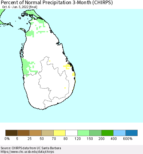 Sri Lanka Percent of Normal Precipitation 3-Month (CHIRPS) Thematic Map For 10/6/2021 - 1/5/2022