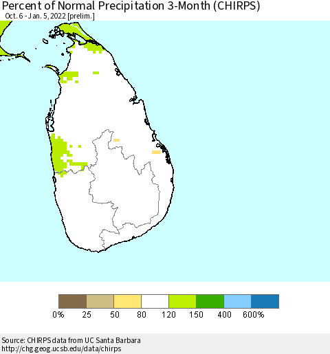 Sri Lanka Percent of Normal Precipitation 3-Month (CHIRPS) Thematic Map For 10/6/2021 - 1/5/2022