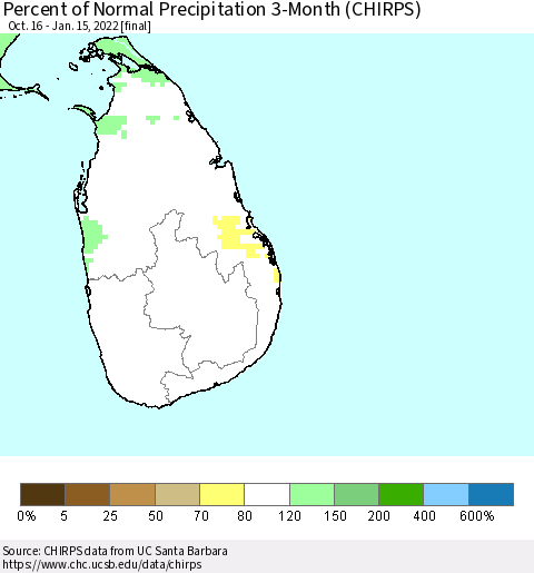 Sri Lanka Percent of Normal Precipitation 3-Month (CHIRPS) Thematic Map For 10/16/2021 - 1/15/2022