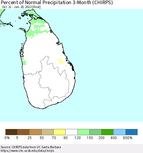 Sri Lanka Percent of Normal Precipitation 3-Month (CHIRPS) Thematic Map For 10/21/2021 - 1/20/2022