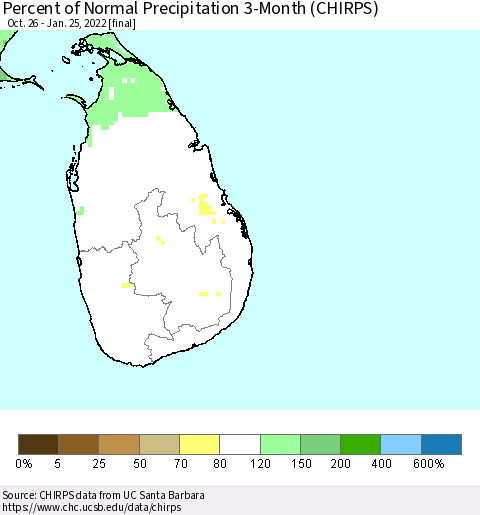 Sri Lanka Percent of Normal Precipitation 3-Month (CHIRPS) Thematic Map For 10/26/2021 - 1/25/2022