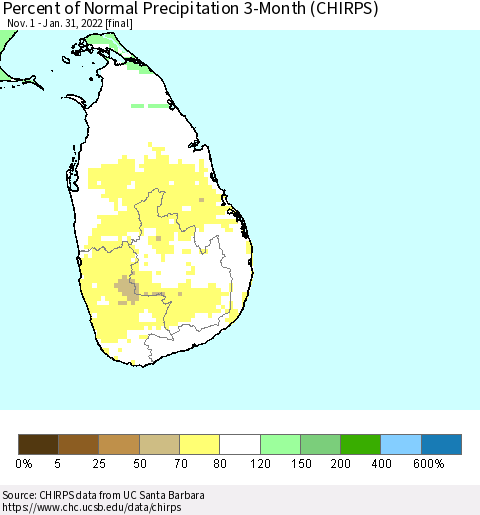 Sri Lanka Percent of Normal Precipitation 3-Month (CHIRPS) Thematic Map For 11/1/2021 - 1/31/2022