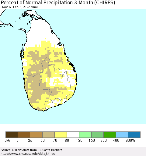 Sri Lanka Percent of Normal Precipitation 3-Month (CHIRPS) Thematic Map For 11/6/2021 - 2/5/2022