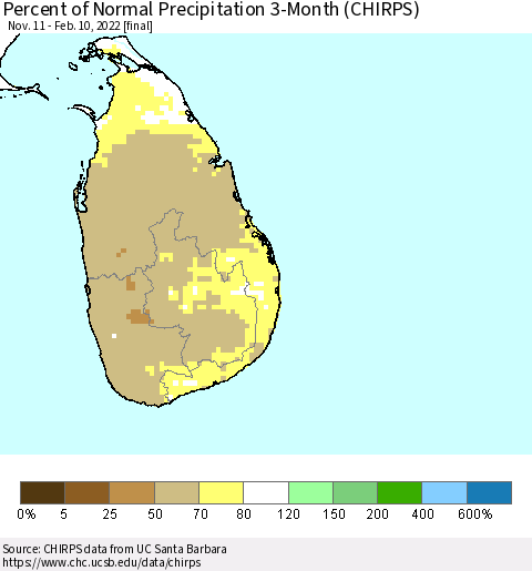 Sri Lanka Percent of Normal Precipitation 3-Month (CHIRPS) Thematic Map For 11/11/2021 - 2/10/2022