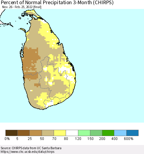 Sri Lanka Percent of Normal Precipitation 3-Month (CHIRPS) Thematic Map For 11/26/2021 - 2/25/2022