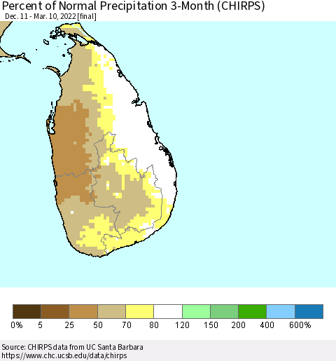 Sri Lanka Percent of Normal Precipitation 3-Month (CHIRPS) Thematic Map For 12/11/2021 - 3/10/2022