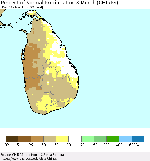 Sri Lanka Percent of Normal Precipitation 3-Month (CHIRPS) Thematic Map For 12/16/2021 - 3/15/2022