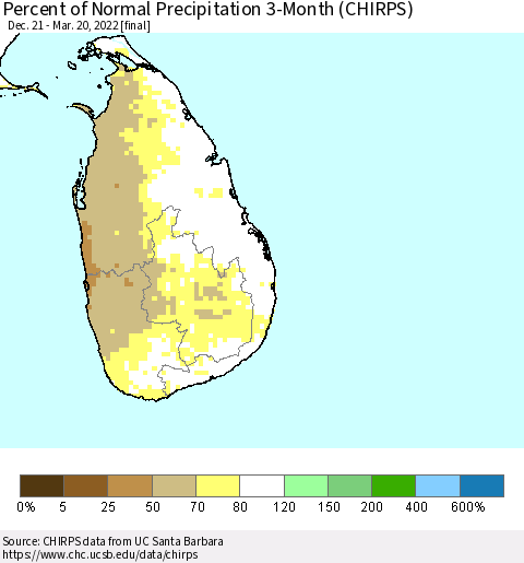 Sri Lanka Percent of Normal Precipitation 3-Month (CHIRPS) Thematic Map For 12/21/2021 - 3/20/2022