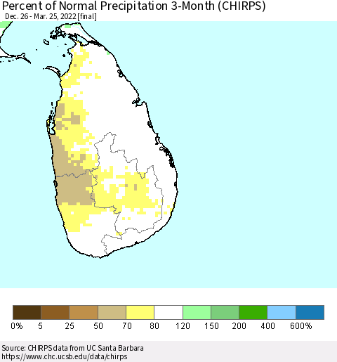 Sri Lanka Percent of Normal Precipitation 3-Month (CHIRPS) Thematic Map For 12/26/2021 - 3/25/2022