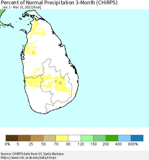 Sri Lanka Percent of Normal Precipitation 3-Month (CHIRPS) Thematic Map For 1/1/2022 - 3/31/2022
