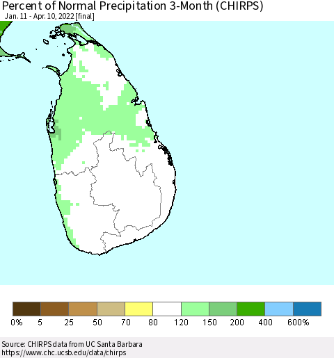 Sri Lanka Percent of Normal Precipitation 3-Month (CHIRPS) Thematic Map For 1/11/2022 - 4/10/2022