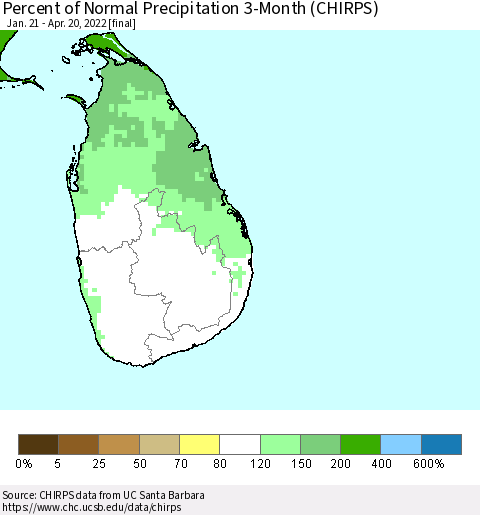 Sri Lanka Percent of Normal Precipitation 3-Month (CHIRPS) Thematic Map For 1/21/2022 - 4/20/2022