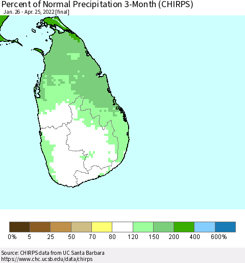 Sri Lanka Percent of Normal Precipitation 3-Month (CHIRPS) Thematic Map For 1/26/2022 - 4/25/2022