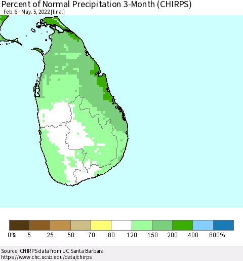 Sri Lanka Percent of Normal Precipitation 3-Month (CHIRPS) Thematic Map For 2/6/2022 - 5/5/2022