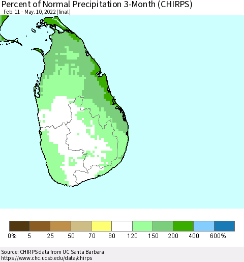 Sri Lanka Percent of Normal Precipitation 3-Month (CHIRPS) Thematic Map For 2/11/2022 - 5/10/2022