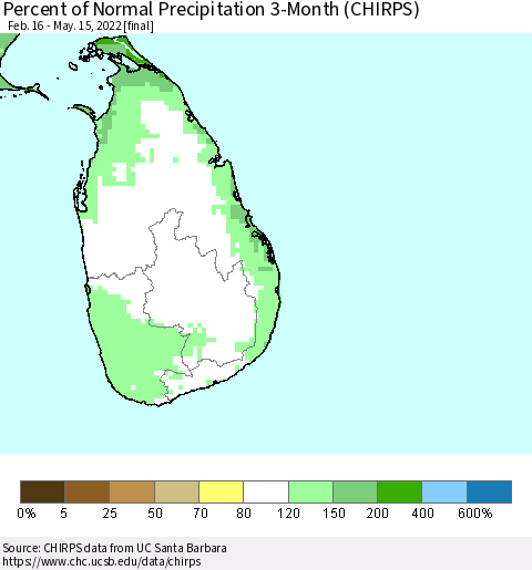 Sri Lanka Percent of Normal Precipitation 3-Month (CHIRPS) Thematic Map For 2/16/2022 - 5/15/2022