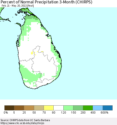 Sri Lanka Percent of Normal Precipitation 3-Month (CHIRPS) Thematic Map For 2/21/2022 - 5/20/2022