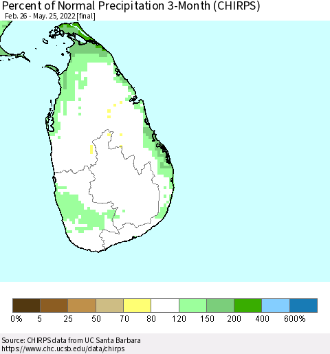 Sri Lanka Percent of Normal Precipitation 3-Month (CHIRPS) Thematic Map For 2/26/2022 - 5/25/2022