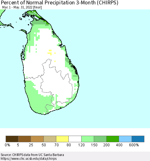 Sri Lanka Percent of Normal Precipitation 3-Month (CHIRPS) Thematic Map For 3/1/2022 - 5/31/2022