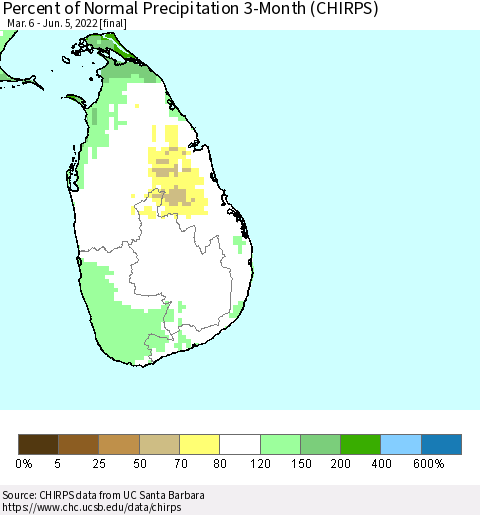 Sri Lanka Percent of Normal Precipitation 3-Month (CHIRPS) Thematic Map For 3/6/2022 - 6/5/2022