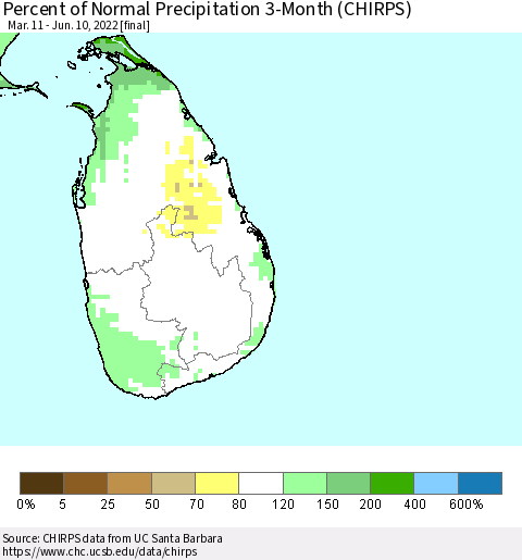 Sri Lanka Percent of Normal Precipitation 3-Month (CHIRPS) Thematic Map For 3/11/2022 - 6/10/2022