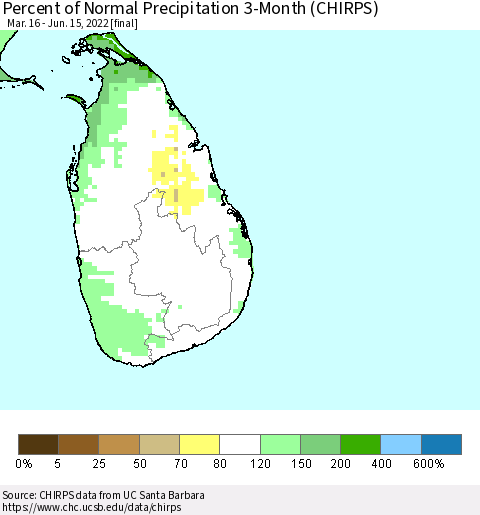 Sri Lanka Percent of Normal Precipitation 3-Month (CHIRPS) Thematic Map For 3/16/2022 - 6/15/2022
