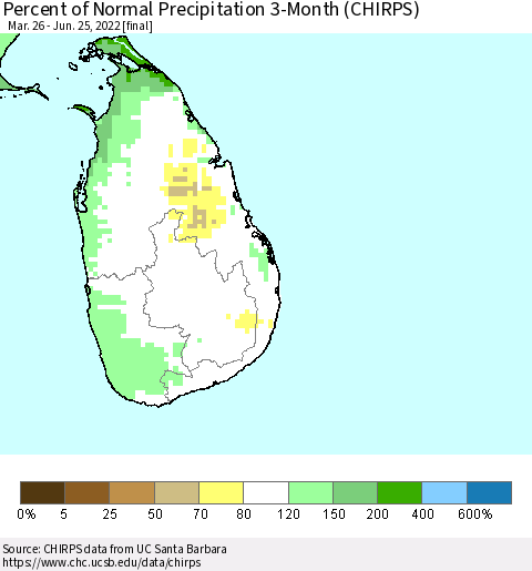 Sri Lanka Percent of Normal Precipitation 3-Month (CHIRPS) Thematic Map For 3/26/2022 - 6/25/2022