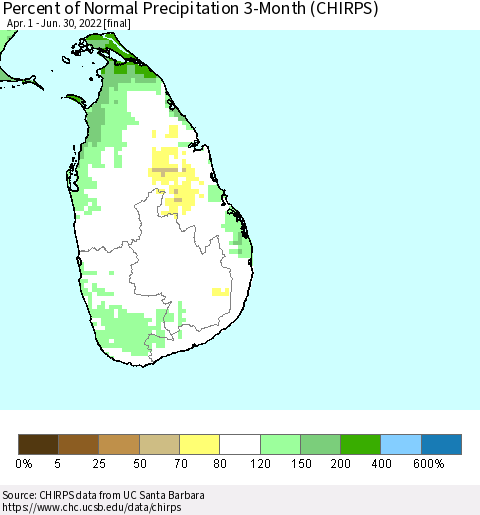 Sri Lanka Percent of Normal Precipitation 3-Month (CHIRPS) Thematic Map For 4/1/2022 - 6/30/2022