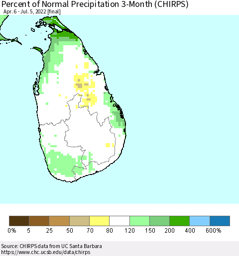 Sri Lanka Percent of Normal Precipitation 3-Month (CHIRPS) Thematic Map For 4/6/2022 - 7/5/2022