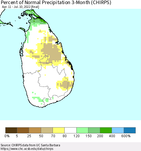 Sri Lanka Percent of Normal Precipitation 3-Month (CHIRPS) Thematic Map For 4/11/2022 - 7/10/2022