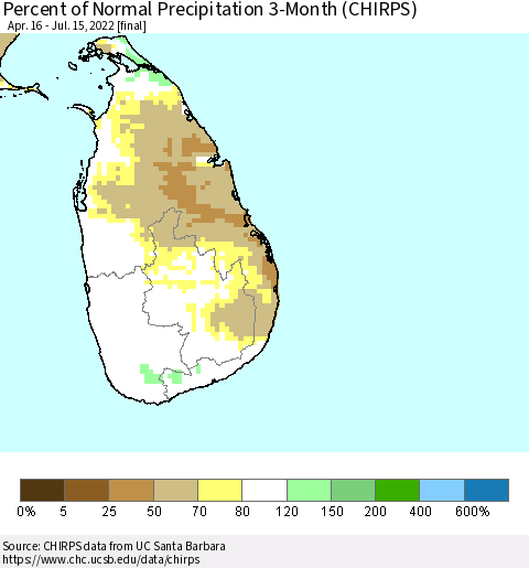 Sri Lanka Percent of Normal Precipitation 3-Month (CHIRPS) Thematic Map For 4/16/2022 - 7/15/2022