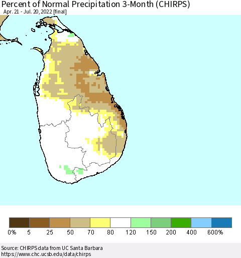 Sri Lanka Percent of Normal Precipitation 3-Month (CHIRPS) Thematic Map For 4/21/2022 - 7/20/2022